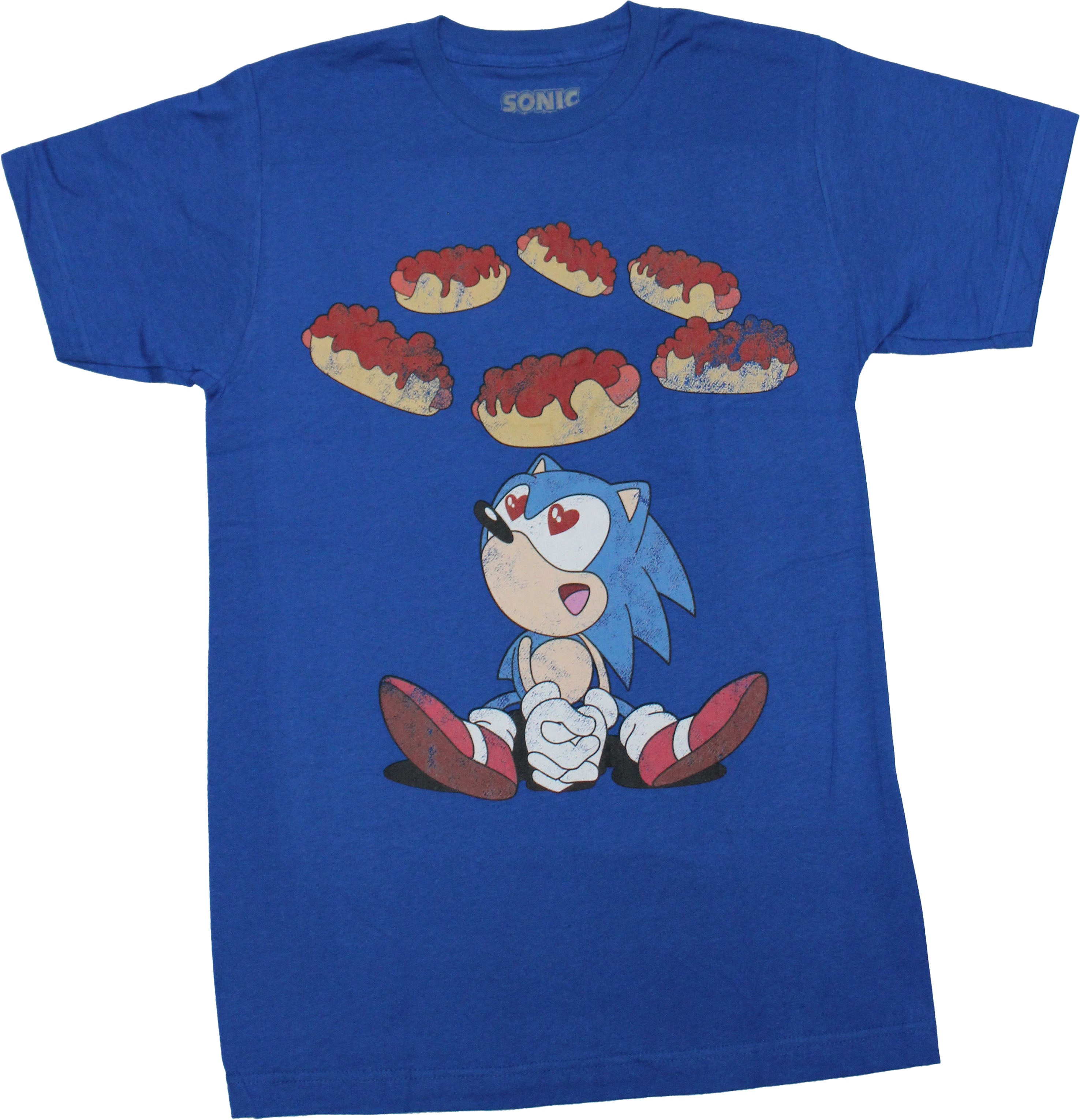 Sonic the Hedgehog Mens T-Shirt- Sitting Under Floatig Hot Dogs