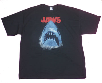 Jaws Mens T-Shirt- Distressed Big Mouth Shark Under Red Name Image