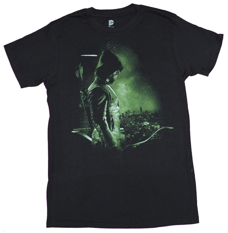 Green Arrow Mens T-Shirt - Oliver Looks Over Glowing Green City in Shadow