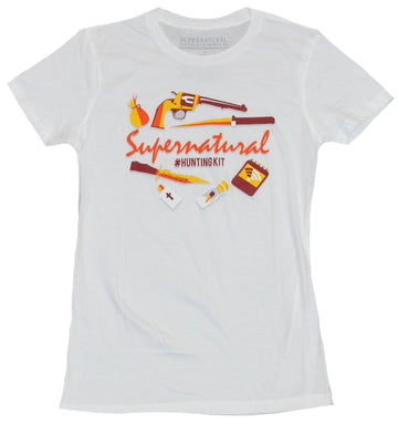 Supernatural Girls Juniors T-Shirt - Hunting Kit Collection Images Under Logo