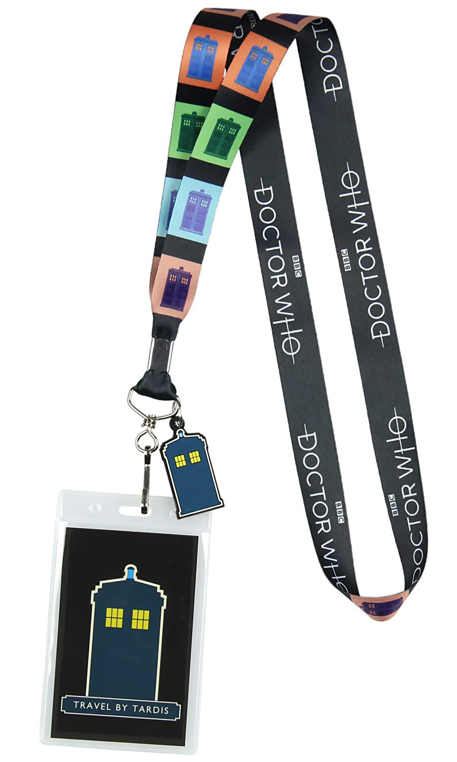 Surreal Entertainment Doctor Who Lanyard ID Badge Holder Pop Art Travel By Tardis Lanyard w/ Rubber Charm Black / One Size