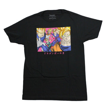 Dragon Ball Z Mens T-Shirt -Saiyans Chibi and Adult Cast Pink Logo on Back