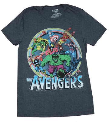 The Avengers Mens T-Shirt - Giant Group Of Comic Heroes Attacking Rainbow Circle