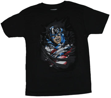 Captain America (Marvel Comics) Mens T-Shirt - Cap Ripping Through