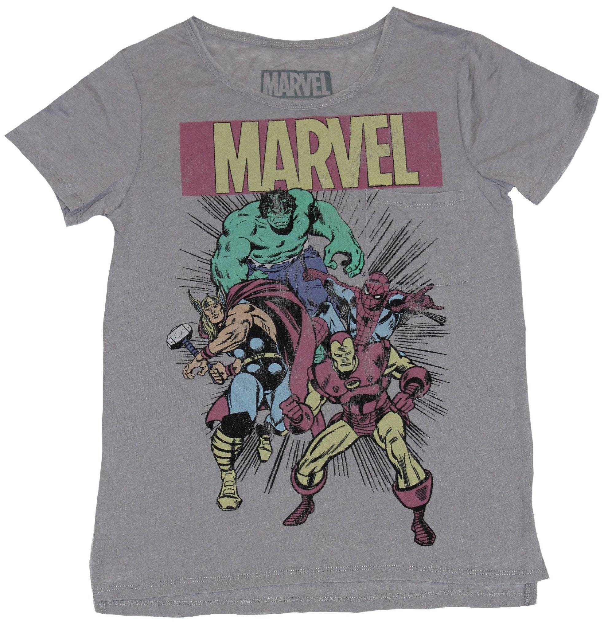Marvel Comics Girls Juniors T-Shirt - 60s Style Hulk Iron Man Thor Spidey Under