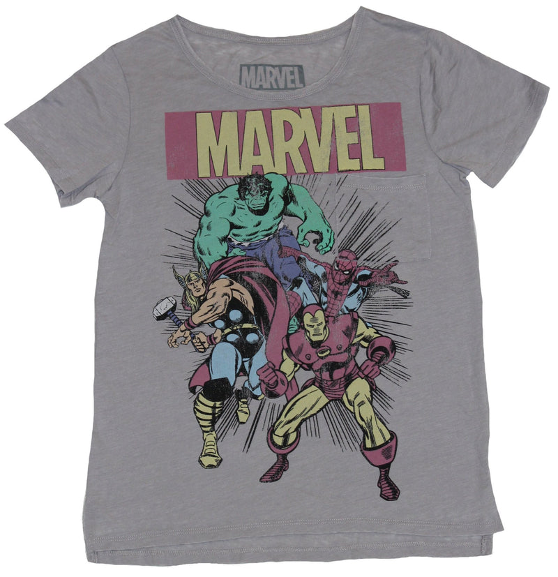 Marvel Comics Girls Juniors T-Shirt - 60s Style Hulk Iron Man Thor Spidey Under