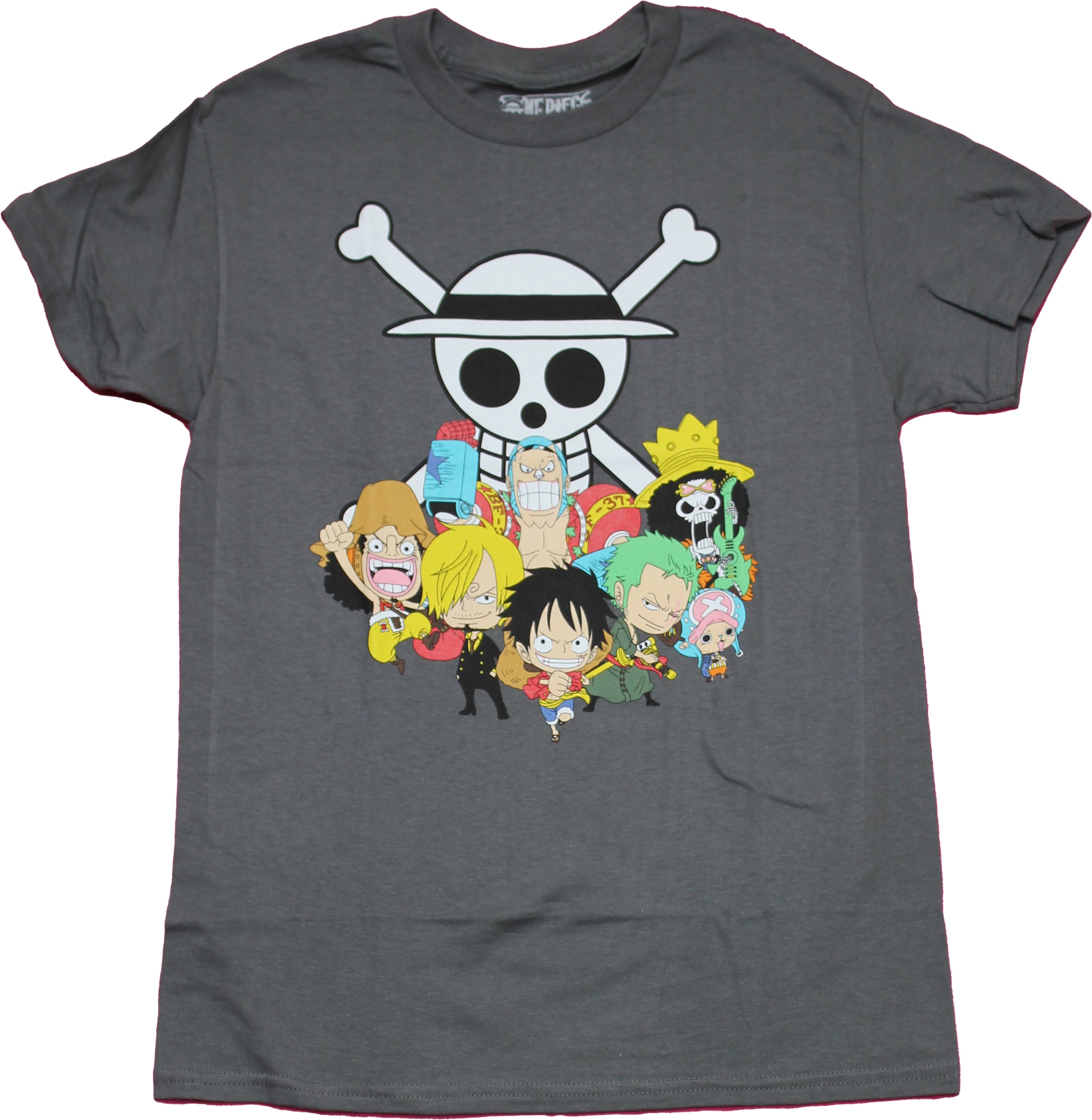 One Piece Mens T-Shirt - Chibi Strawhat Crew Under Skull Logo