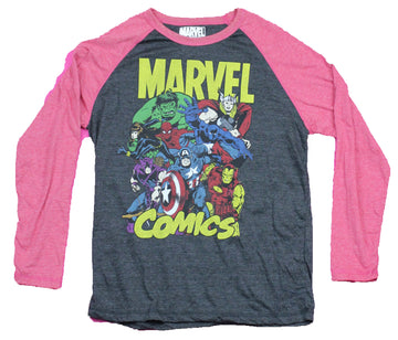Marvel Comics Mens Raglan T-Shirt - Classic Characters Sandwiched In Logo