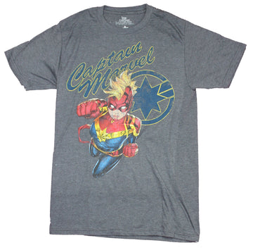 Captain Marvel Mens  T-Shirt - Full Costumed Flying Power Distressed Image
