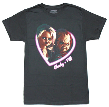 Bride Of Chucky Mens T-Shirt -Chucky + Tiff In Glowing Pink Heart