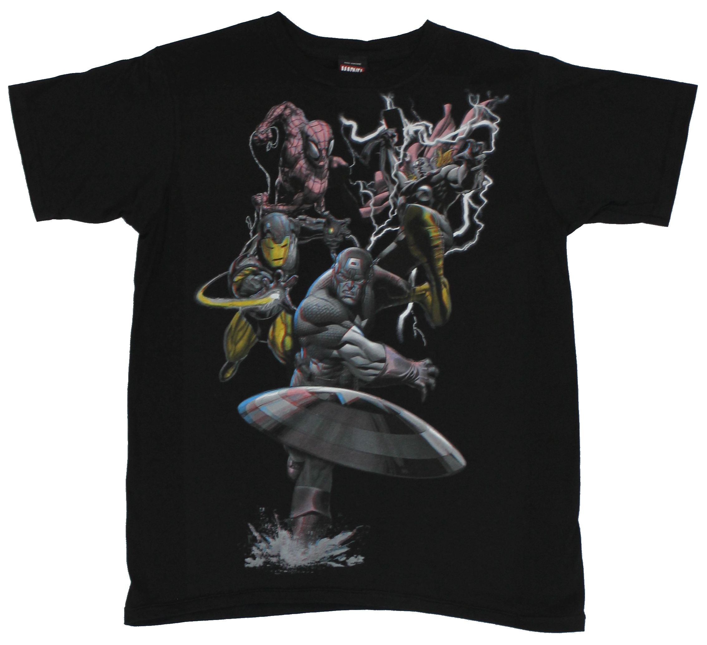 Marvel Comics Mens T-Shirt -  3D Cap throwing Shield with Attacking Heroes