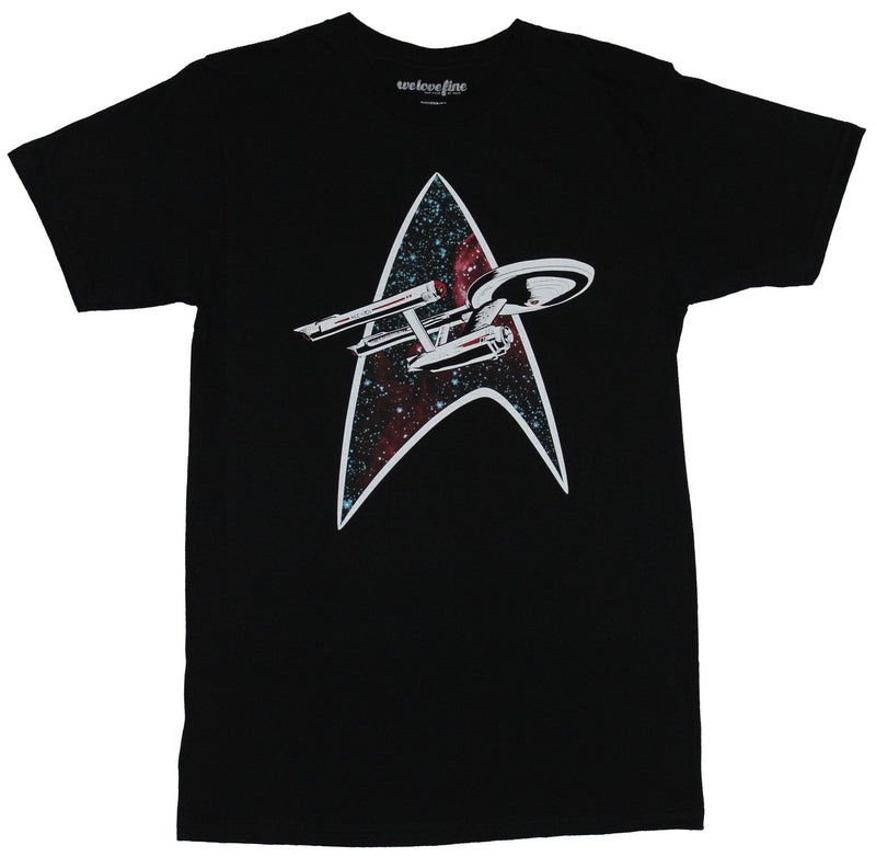 Star Trek Mens T-Shirt - Enterprise Flying through Space Filed Starfleet Logo - Inmyparentsbasement.com