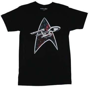 Star Trek Mens T-Shirt - Enterprise Flying through Space Filed Starfleet Logo