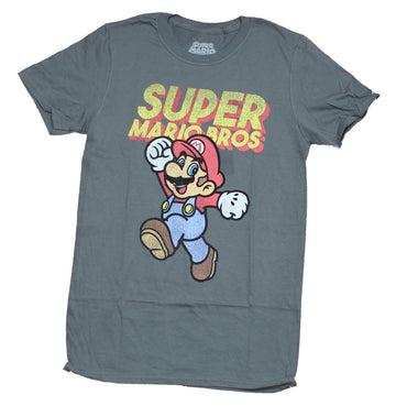Super Mario Brothers Mens T-Shirt - Distressed Jump Under Yellow Logo