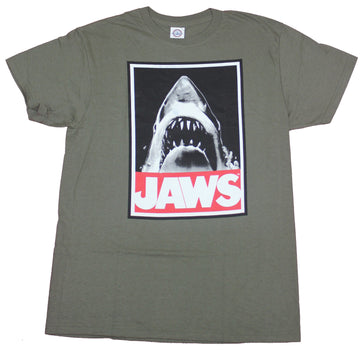 Jaws Mens T-Shirt- Big Mouth Shark Over Red Name Image