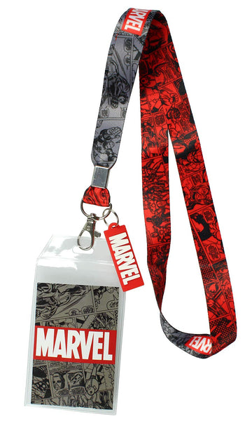 Marvel Lanyard ID Badge Holder, 2" Rubber Charm Pendant with Raised Script and 2 Sided Vintage Comic Strip Pattern