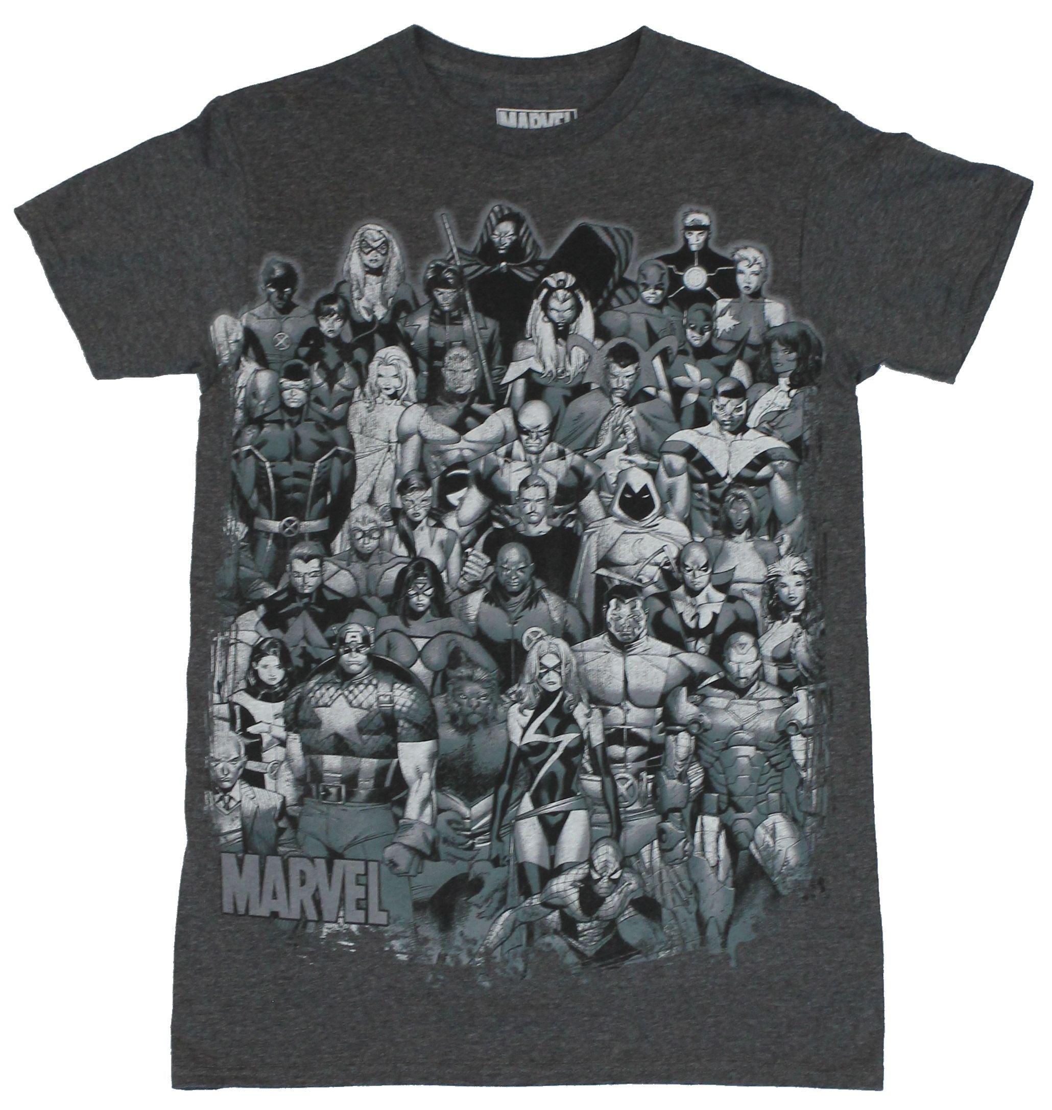 Marvel Comics Mens T-Shirt - Giant Cast of Marvel Heroes In Grayscale Image