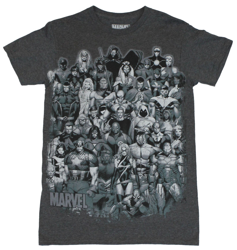 Marvel Comics Mens T-Shirt - Giant Cast of Marvel Heroes In Grayscale Image