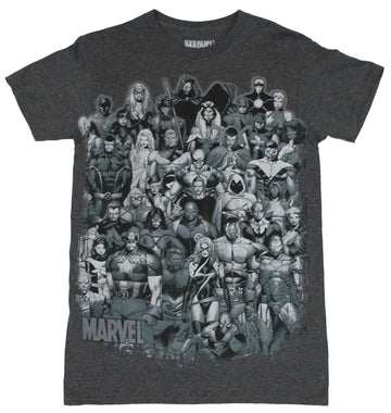 Marvel Comics Mens T-Shirt - Giant Cast of Marvel Heroes In Grayscale Image