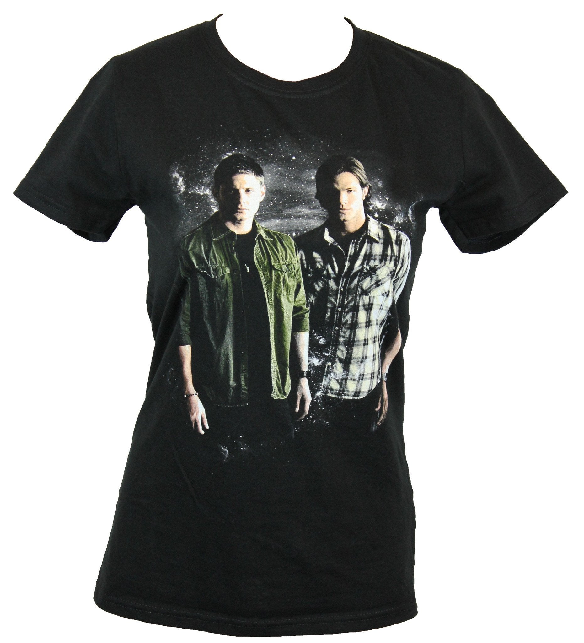 Supernatural Girls Juniors T-Shirt -Sam & Dean in Front of A Spacy Background