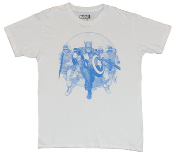 Captain America (Marvel Comics) Mens T-Shirt - Blue Art Cap Flanked By Soliders