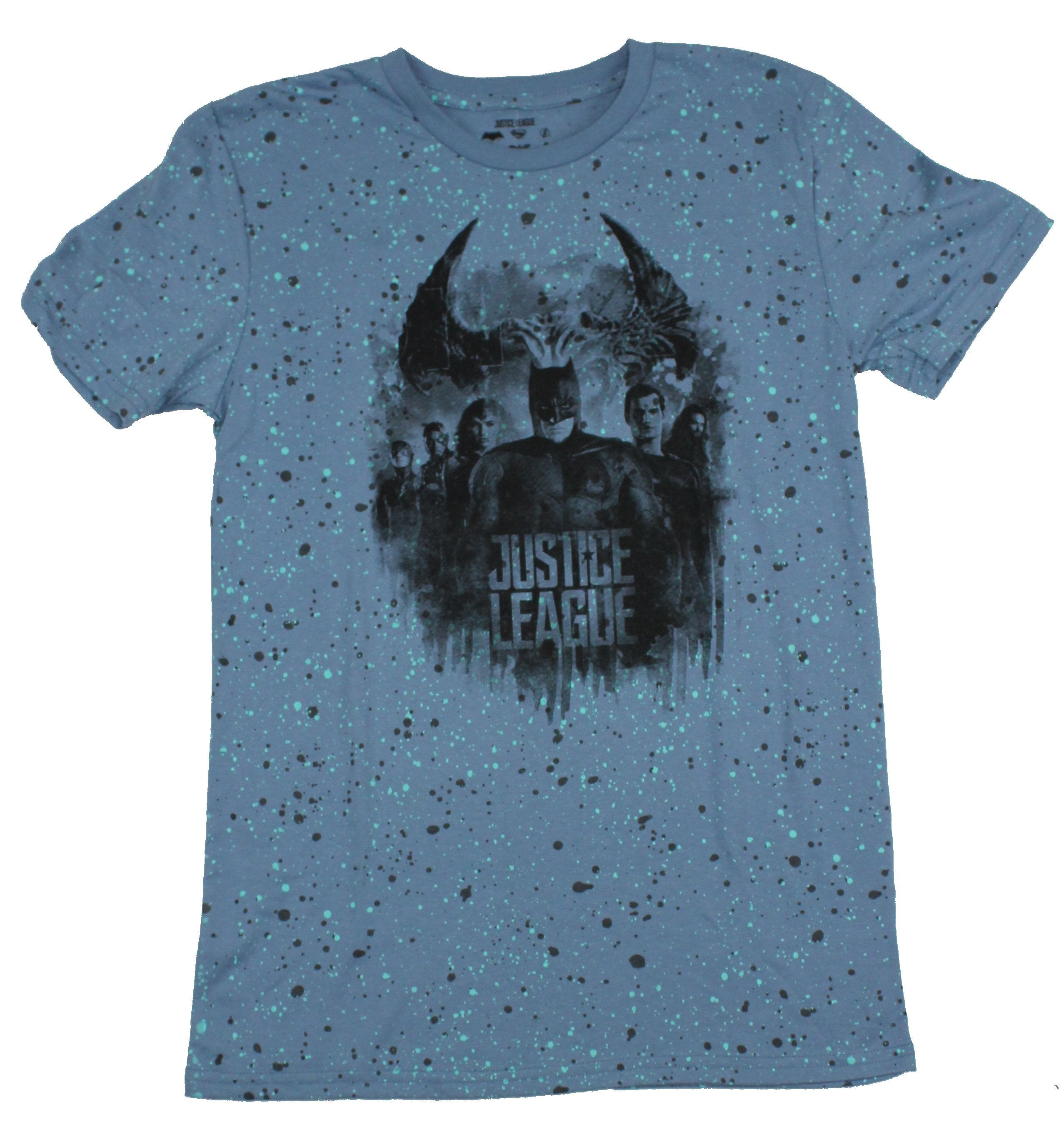 Justice League Mens T-Shirt - Splattered Group Over Logo Image