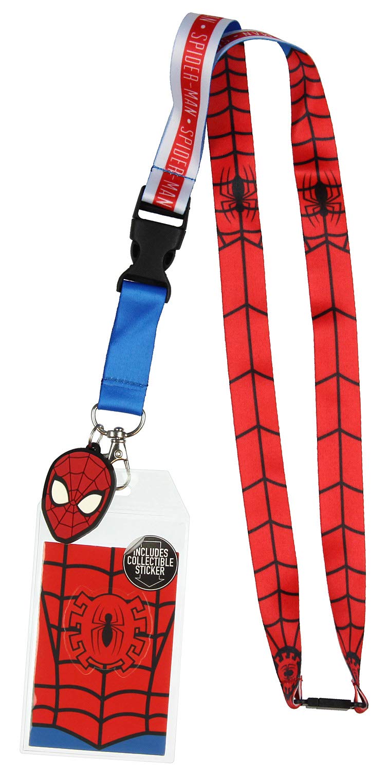 Bioworld Spider-Man Classic ID Lanyard Badge Holder with 1.5" Rubber Charm Pendant and Collectible Sticker