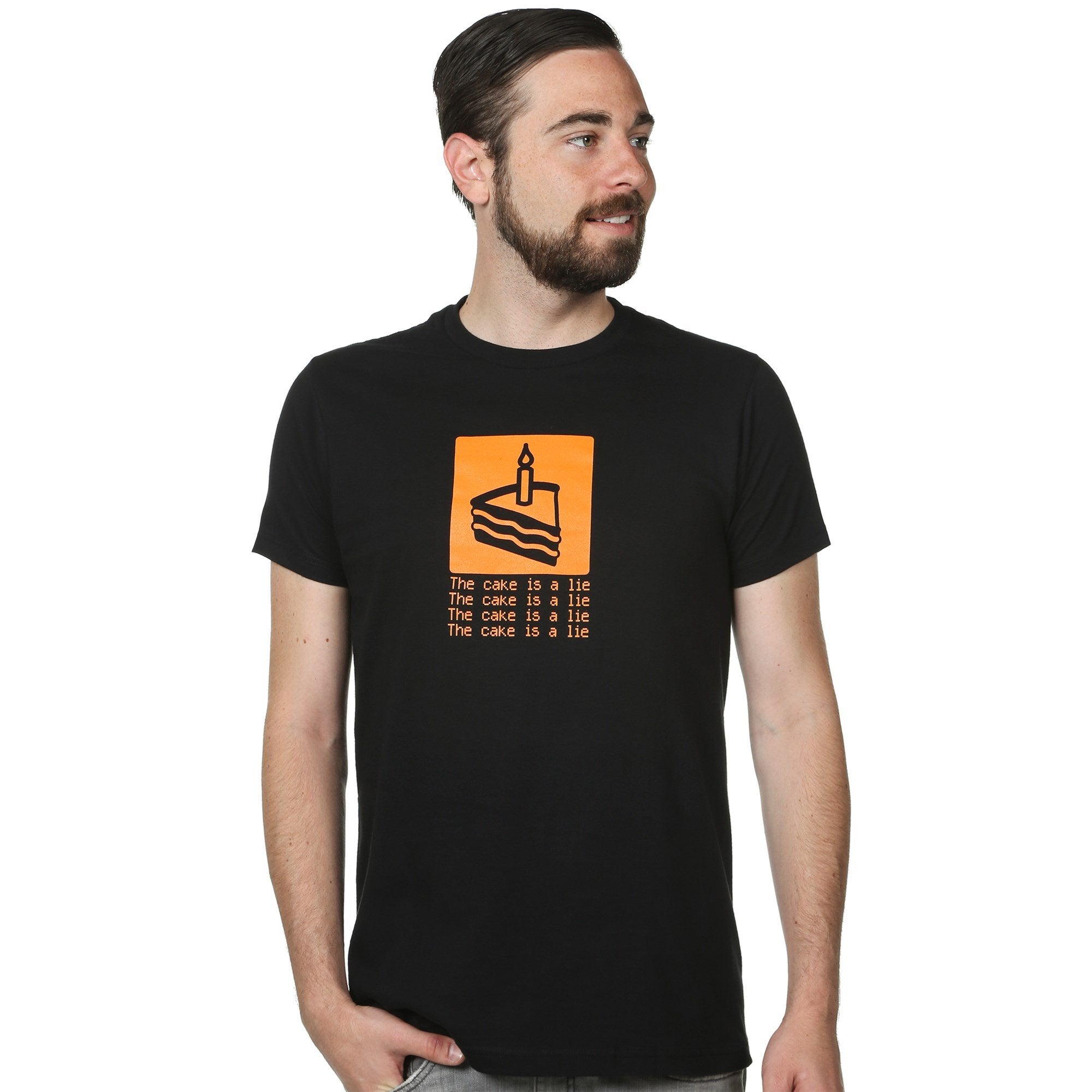 Portal Mens T-Shirt - The Cake is a Lie Orange Box Image (X-Large) Black