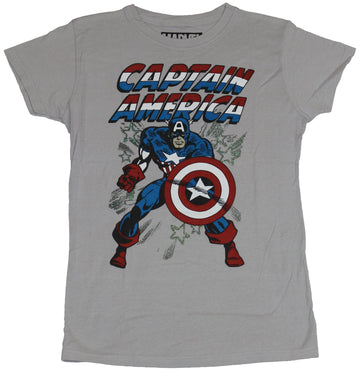 Captain America Girls Juniors T-Shirt - Shield Guarded Cap Under Name