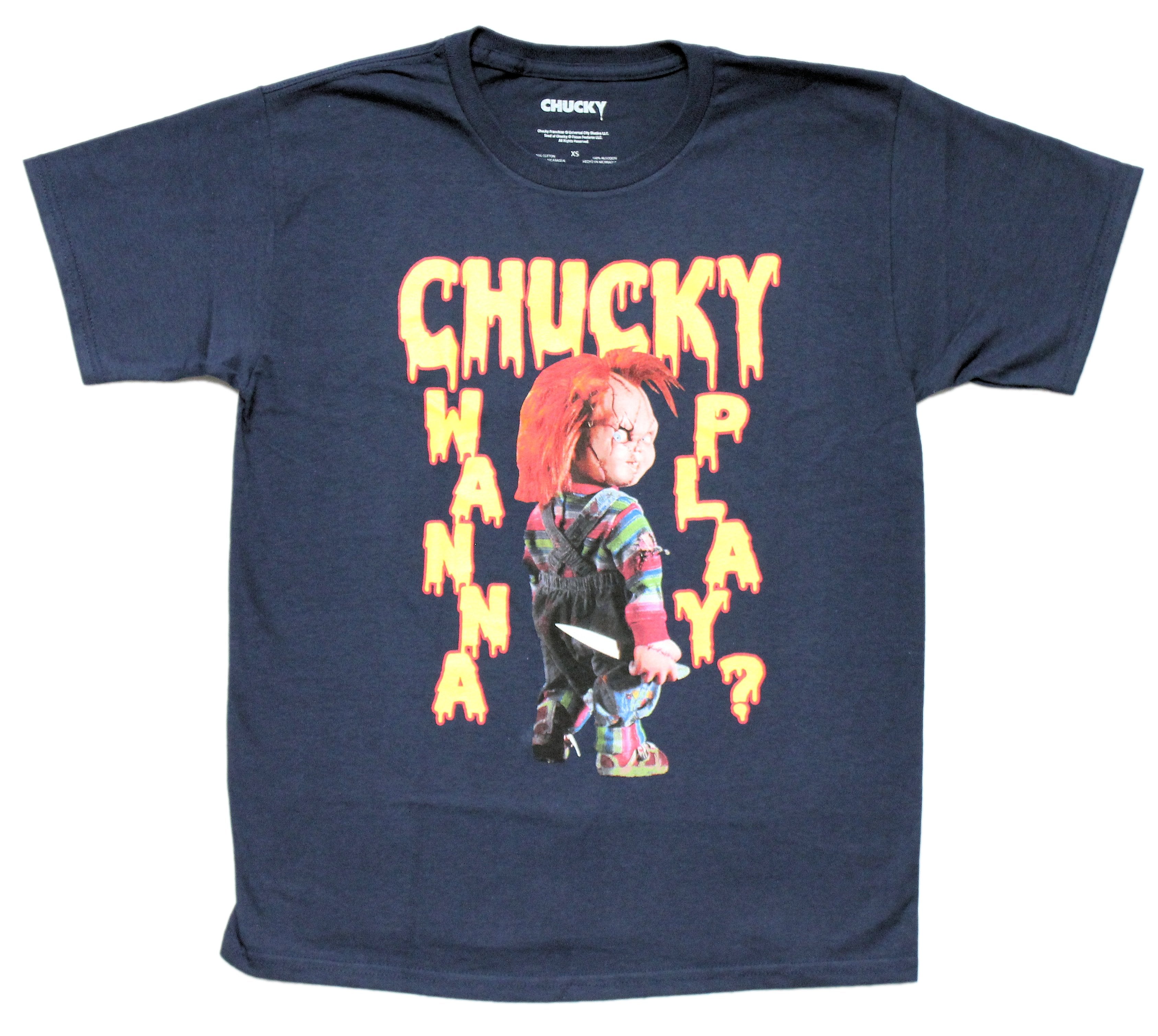 Childs Play Mens T-Shirt - Chucky Holding Knife - Wanna Play?