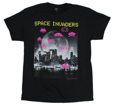 Space Invaders Mens T-Shirt -  Full City Scape Moon Image