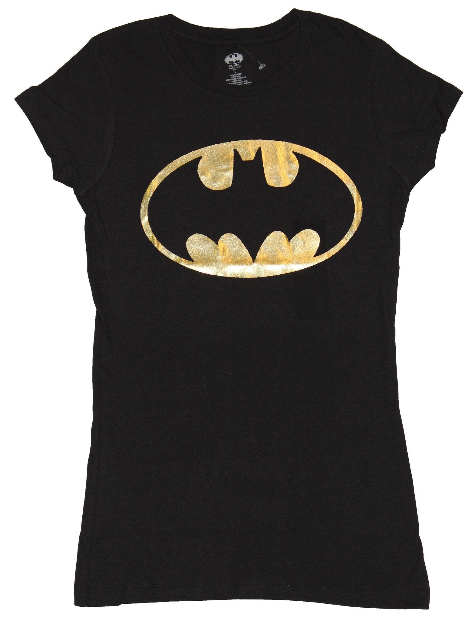 Batman (DC Comics) Girls Juniors T-Shirt - Gold Foil Oval Style Batman Logo