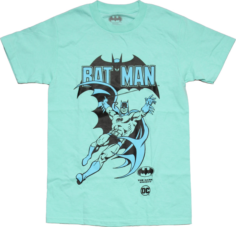 Batman Mens T-Shirt - Swinging Comic Batman Under Logo - Inmyparentsbasement.com