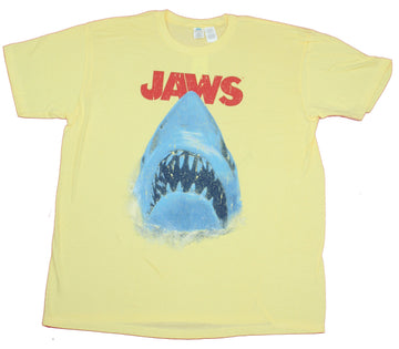 Jaws Mens T-Shirt- Distressed Big Mouth Shark Under Red Name Image