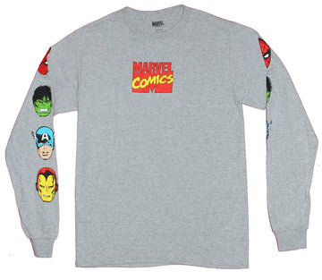 Marvel Comics Mens Long Sleeve T-Shirt - Classic Logo Hero Head Sleeves