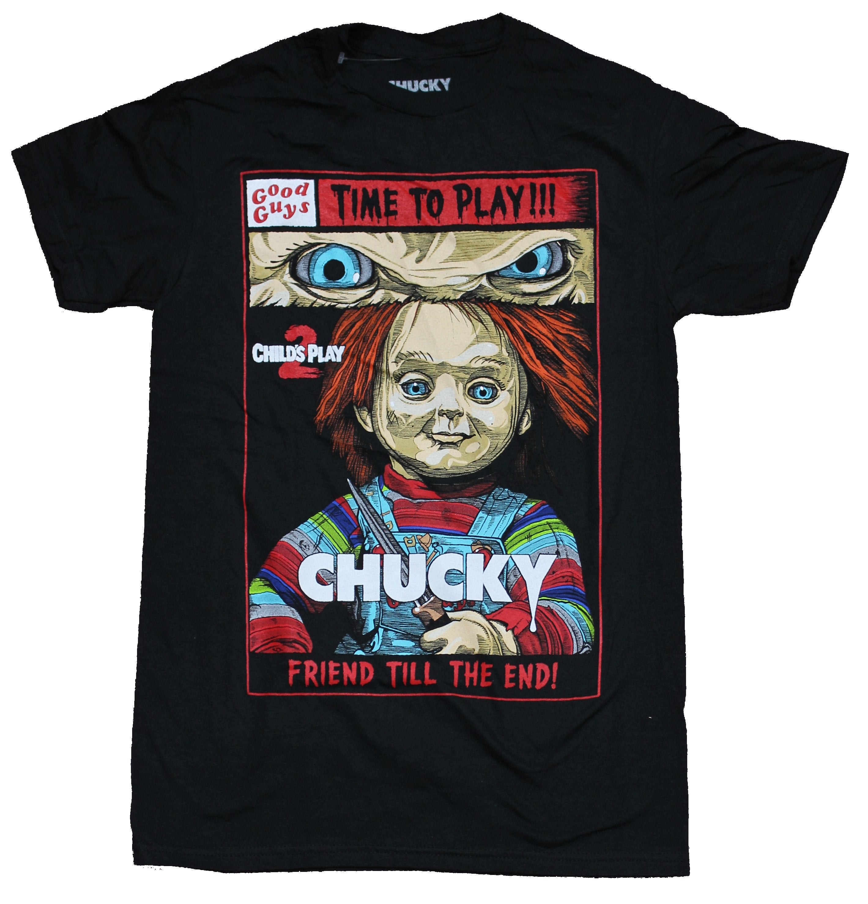 Child's Play 2  Mens T-Shirt - Chucky Good Guys Time To Play Comic Image