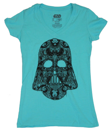 Star Wars Girls Juniors V-Neck T-Shirt - Darth Vader Stitched Ornate Jewel Face