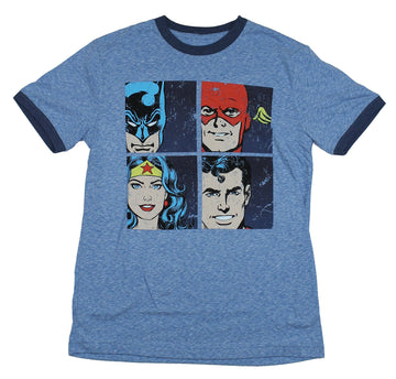 Justice League (DC) Mens Ringer T-Shirt - Big Four Boxed Face Images