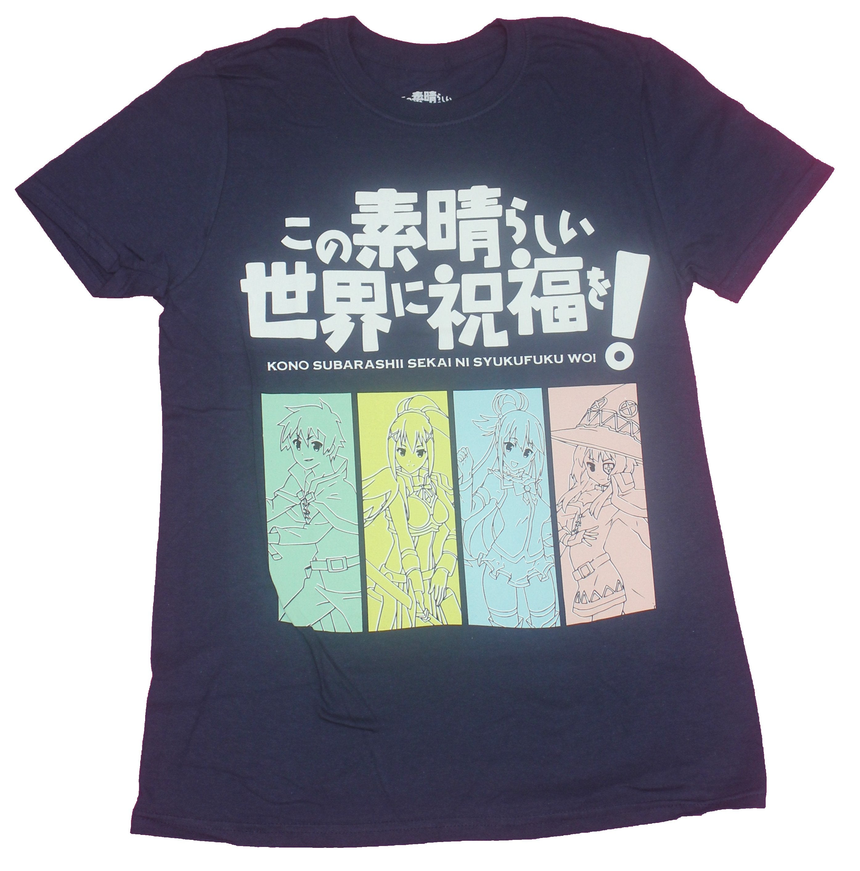 Konosuba Mens T-Shirt- 4 Pastel Girls Under Kanji Logo Image
