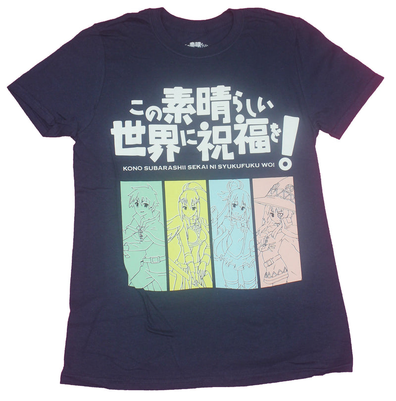 Konosuba Mens T-Shirt- 4 Pastel Girls Under Kanji Logo Image - Inmyparentsbasement.com