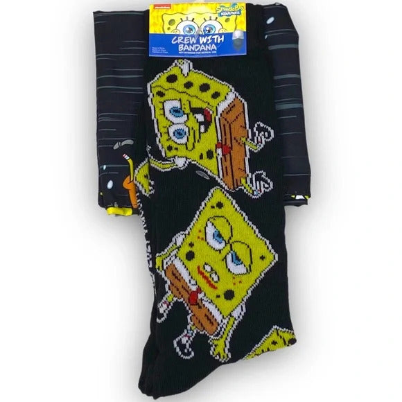 Nickelodeon SpongeBob Squarepants Men’s Crew Socks Set With Bandana Shoe Size 6-12