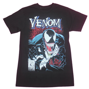 Venom Mens T-Shirt- Distressed Lethal Protector Over Red Webs