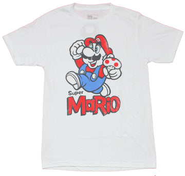 Super Mario Brothers Mens T-Shirt - Classic Jumping Mario Mushroom Holding Image
