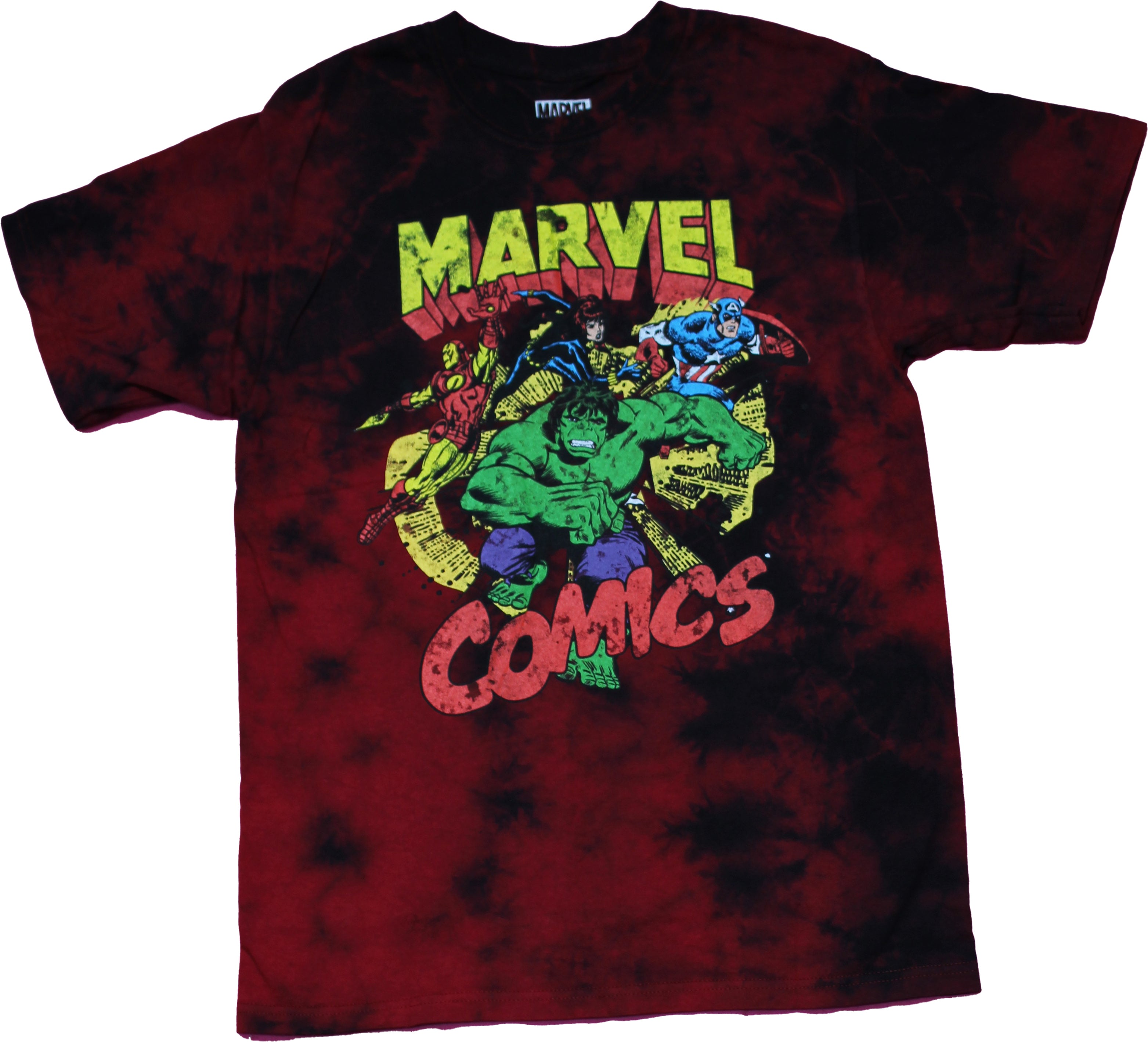 Marvel Comics Mens T-Shirt - Old School Group Image Between Logo   Tie Dye