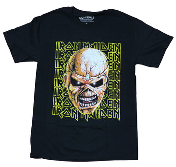 Iron Maiden  Mens T-Shirt - Eddie Face Over Yellow Line Name Drop