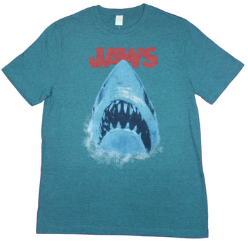 Jaws Mens T-Shirt- Distressed Big Mouth Shark Under Red Name Image