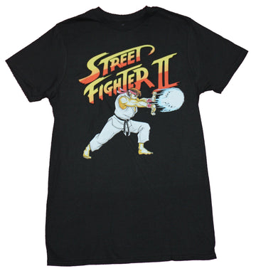 Street Fighter II Mens T-Shirt - Ryu Hadouken Throwing Under Logo Image