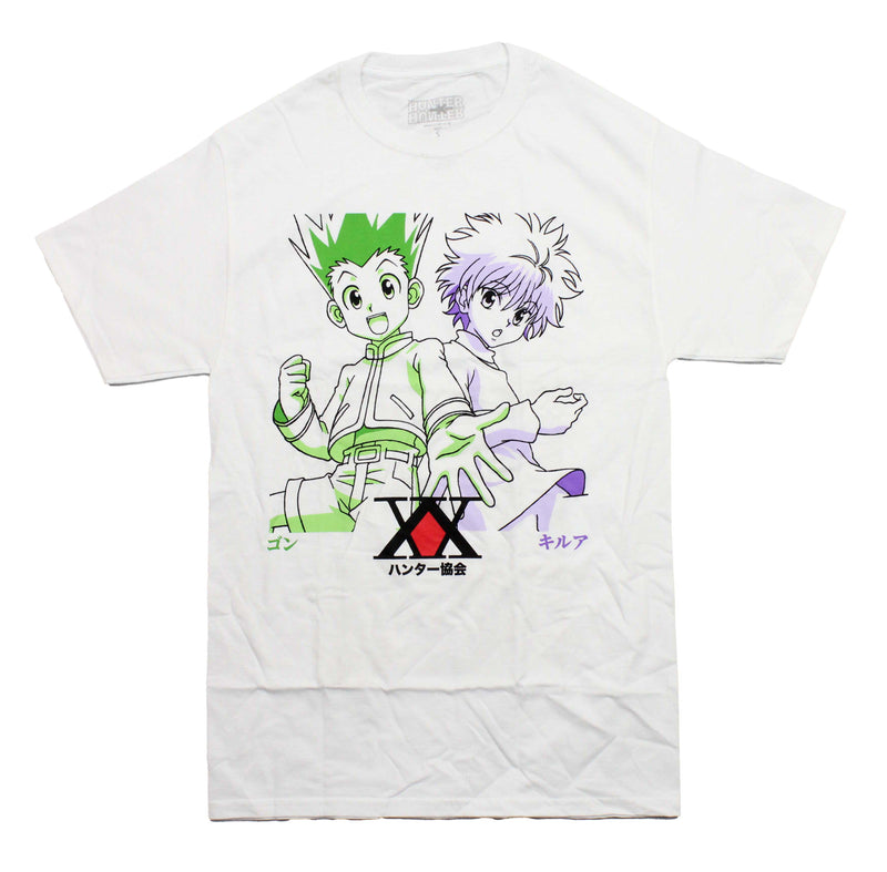 Hunter x Hunter Mens T-Shirt - Gon & Killua above X Kanji Logo - Inmyparentsbasement.com