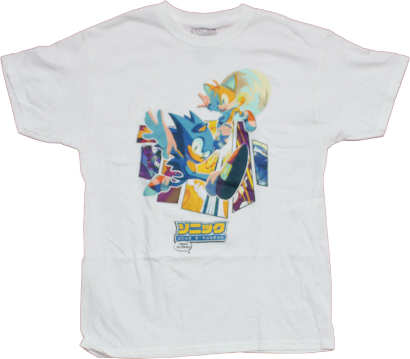 Sonic the Hedgehog Mens T-Shirt - Sylized Sonic & Tails Over Kanji