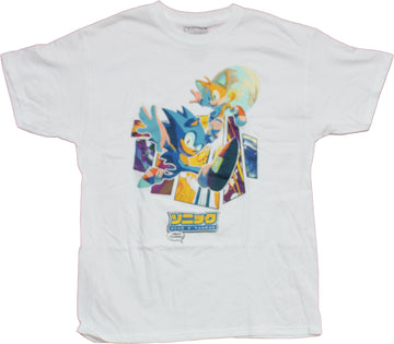 Sonic the Hedgehog Mens T-Shirt - Sylized Sonic & Tails Over Kanji